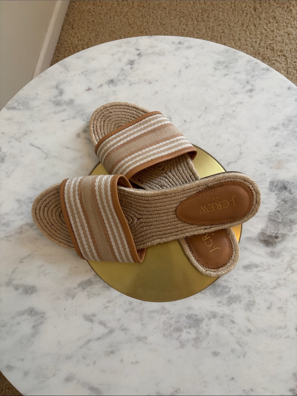 J. Crew Beige and White Striped Slide Sandals